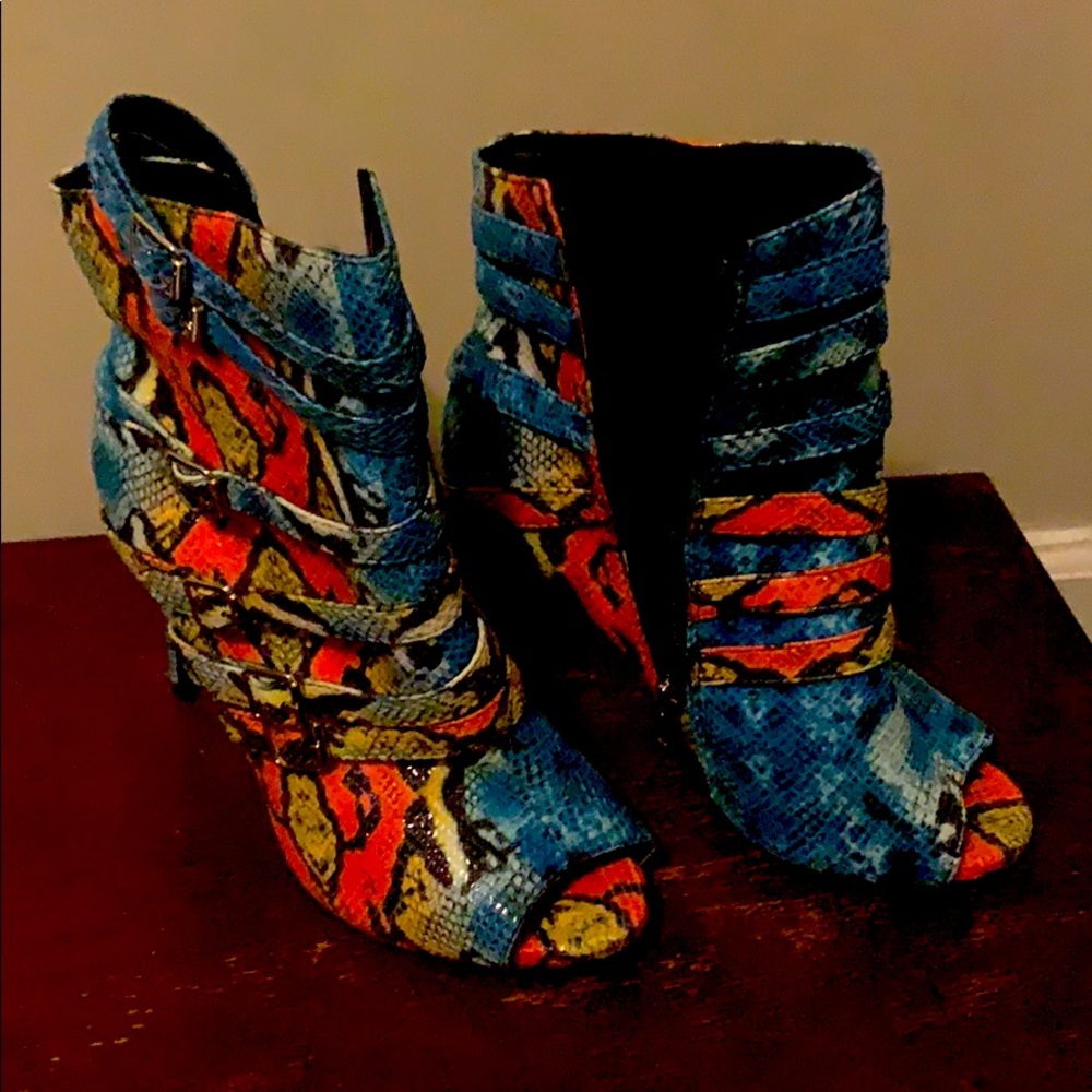 Snake print peep toe bootie